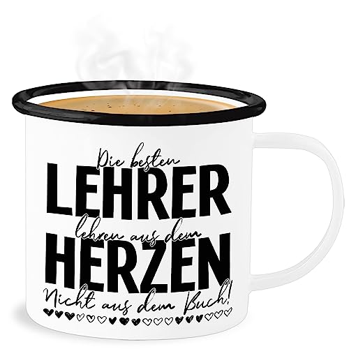 Emaille Becher Blechbecher - Tasse - Die besten Lehrer lehren aus dem Herzen nicht aus dem Buch I Lehrer Geschenke für Lehrer - 300 ml - Weiß Schwarz - teacher best häferl lehrern beste blech von Shirtracer
