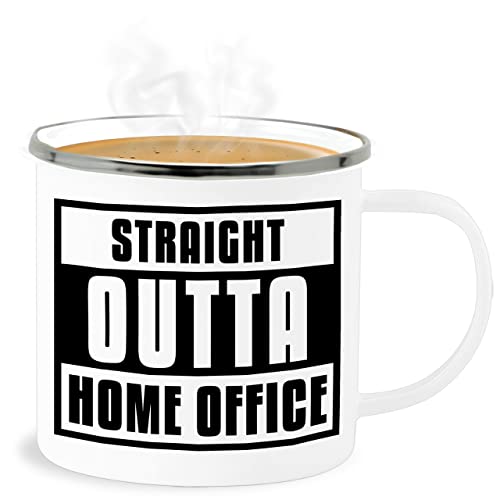 Emaille Becher Blechbecher - Job & Beruf Geschenk Tasse - Straight Outta Home Office - schwarz - 300 ml - Weiß Silber von Shirtracer