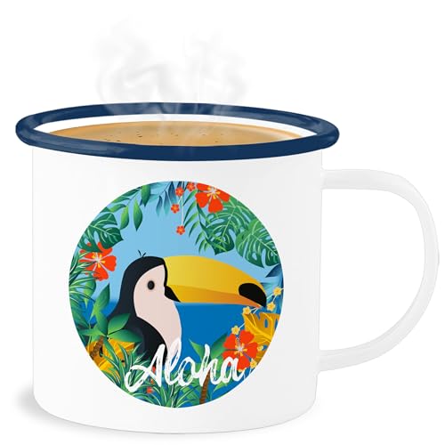 Emaille Becher Blechbecher - Aloha Tukan - Hawaii Aloha Party Hawaiian Hawaii-Kleidung Karibik - 300 ml - Weiß Blau - karneval fasching tasse fasching- tassen carnevale karnevals faschings von Shirtracer