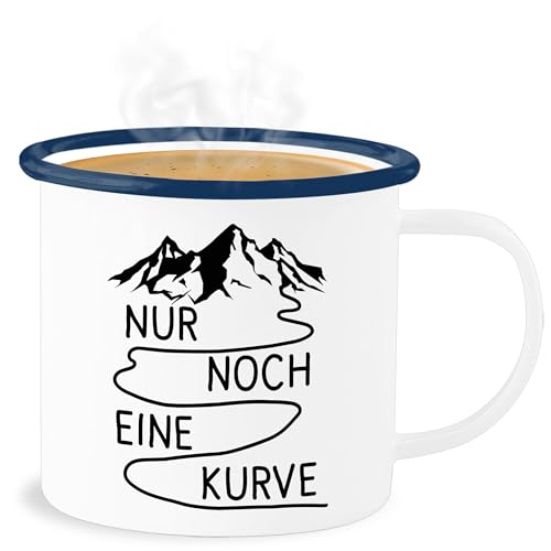 Emaille Becher Blechbecher - Wandern - Tassen - Nur noch eine Kurve - 300 ml - Weiß Blau - wanderfreunde berg tasse geschenk berge blechtasse bergen emaille-tasse wander blech wanderer sprüche von Shirtracer