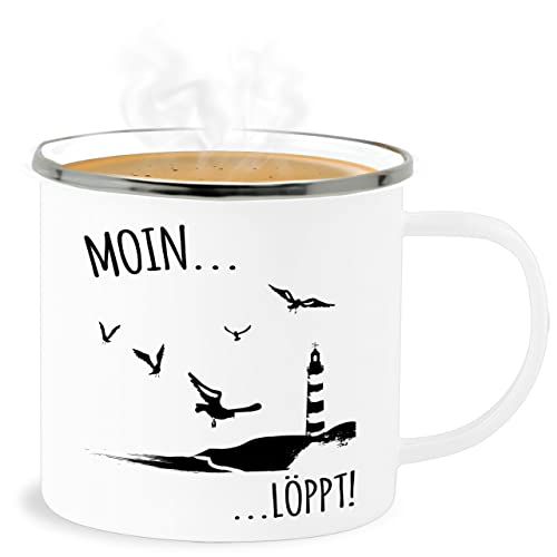Emaille Becher Blechbecher - Statement - Moin...Löppt! - schwarz - 300 ml - Weiß Silber - statements moin tasse frohes neues jahr nordsee new year norddeutsch mit norddeutsche von Shirtracer
