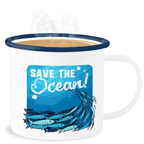 Emaille Becher Blechbecher - Statement - Save the Ocean! - 300 ml - Weiß Blau - statements maritim von Shirtracer