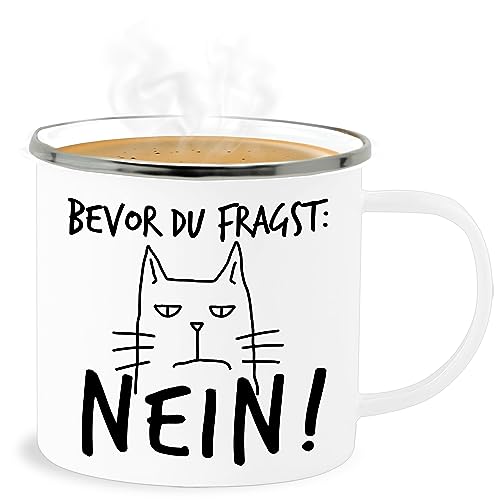 Emaille Becher Blechbecher - Statement Sprüche - Bevor du fragst Nein - Katze - Sarkasmus Ironie Spruch Lustig Witzige - 300 ml - Weiß Silber - sprüche, katzen tasse spruechen mich sprueche mit von Shirtracer