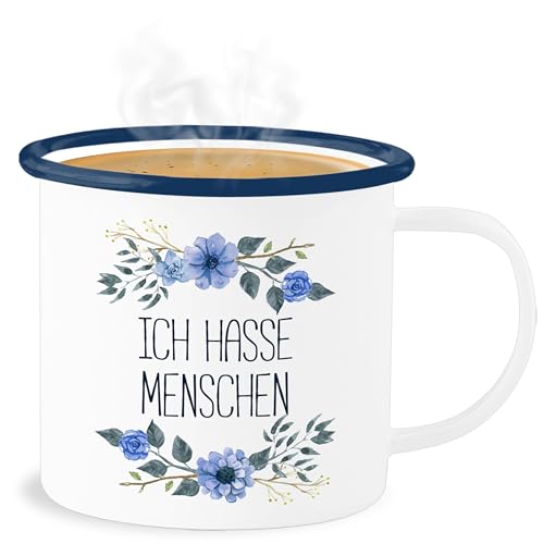 Emaille Becher Blechbecher - Statement Sprüche - Ich hasse Menschen - 300 ml - Weiß Blau - jeden mit blume „ich menschen spruechen schwarzer humor tasse sprueche vintage spruch grumpy sarkasmus von Shirtracer