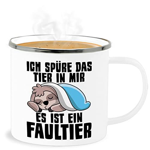 Emaille Becher Blechbecher - Statement Sprüche - Ich spüre das Tier in mir es ist ein Faultier - 300 ml - Weiß Silber - mit spruch arbeit sprueche spruechen sloth sarkasmus faultier, sprüche, von Shirtracer