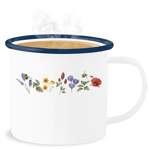 Emaille Becher Blechbecher - Tasse Boho & Bohemian Deko - Blumen Wiese Watercolor Aquarell - 300 ml - Weiß Blau - blume tassen von Shirtracer