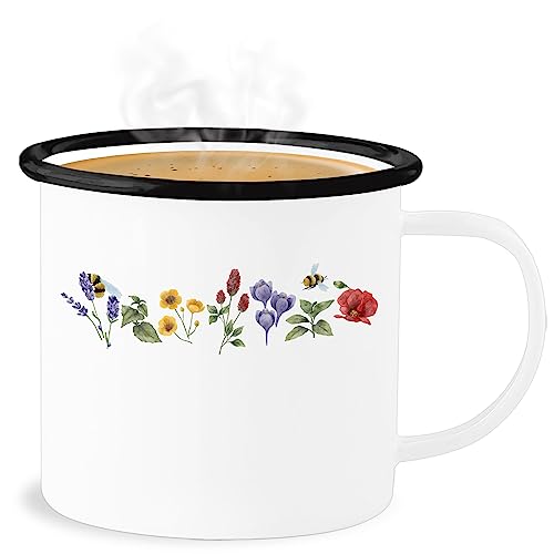 Emaille Becher Blechbecher - Tasse Boho & Bohemian Deko - Blumen Wiese Watercolor Aquarell - 300 ml - Weiß Schwarz - blume tassen von Shirtracer