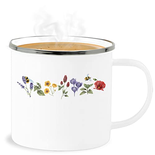 Emaille Becher Blechbecher - Tasse Boho & Bohemian Deko - Blumen Wiese Watercolor Aquarell - 300 ml - Weiß Silber - blume tassen von Shirtracer