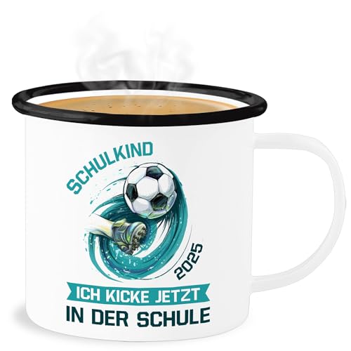 Emaille Becher Blechbecher - Tasse Schulanfang - Fußball | Schulkind 2025 | Ich kicke jetzt in der Schule | Einschulung Geschenk Junge - 300 ml - Weiß Schwarz - schulanfangsgeschenke 2024 fussball von Shirtracer