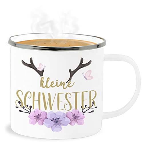 Emaille Becher Blechbecher - Tasse & Bruder Geschenk - Kleine Schwester Geweih Blumen - 300 ml - Weiß Silber - geschwister schwesterngeschenk von Shirtracer