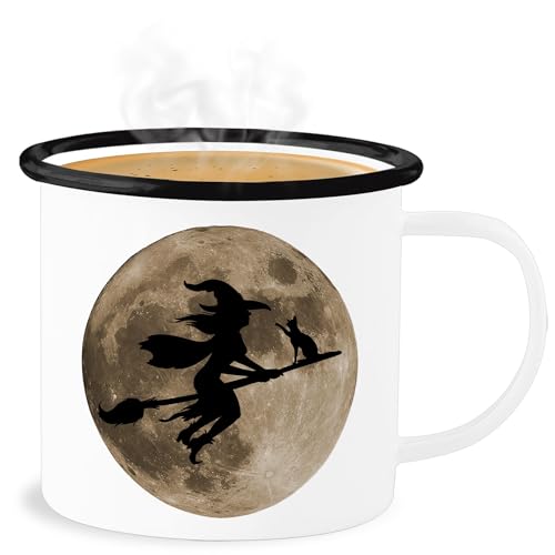 Emaille Becher Blechbecher - Tassen - Hexe Halloween Hexen auf Besen Vollmond Katze Witch Mond - 300 ml - Weiß Schwarz - haloween outfits tasse hellowee gruselig helloween gruselige gruseliges von Shirtracer