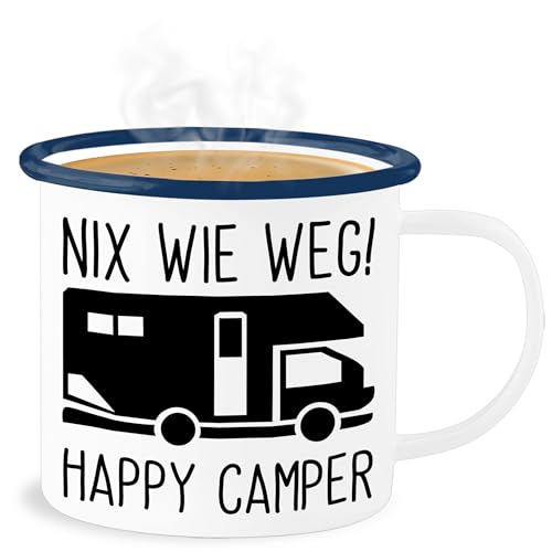 Emaille Becher Blechbecher - Urlaub Tassen - Nix wie weg - Happy Camper I Camping - 300 ml - Weiß Blau - campen tasse wohnmobil blech kaffeetasse von Shirtracer