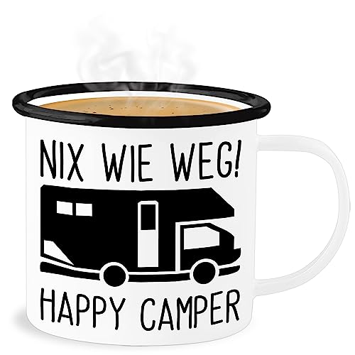 Emaille Becher Blechbecher - Urlaub Tassen - Nix wie weg - Happy Camper I Camping - 300 ml - Weiß Schwarz - campen tasse wohnmobil blech kaffeetasse von Shirtracer