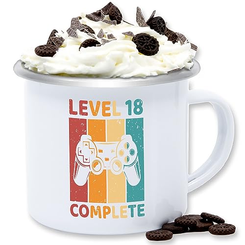 Emaille Tasse Blechtasse - 18. Geburtstag - Level 18 Complete - 18 Freigeschalten Unlocked Completed - Zocker Gamer - 300 ml - Weiß Silber - eighteen zum (18) 18-geburtstag 18.geburtstag 18te 18ten von Shirtracer