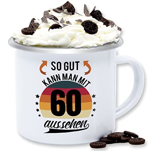 Emaille Tasse Blechtasse - 60. Geburtstag - So gut kann man mit 60 aussehen - Retro Sonne - schwarz - 300 ml - Weiß Silber - überraschung zum 60er kaffeetasse sechzig tassen 60ten blech 60.jahre von Shirtracer