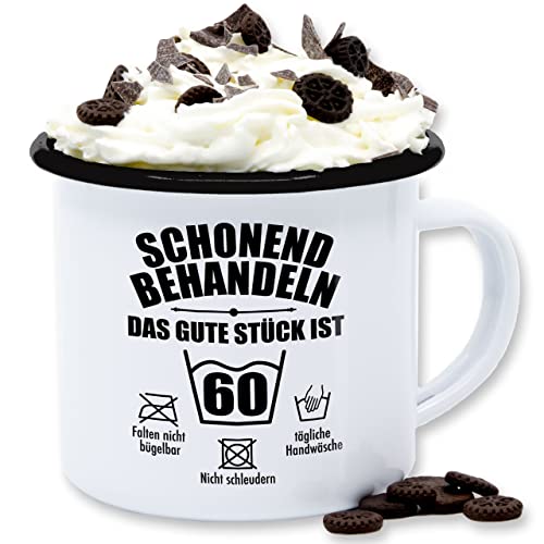 Emaille Tasse Blechtasse - 60. Geburtstag - Schonend behandeln das gute Stück ist sechzig - 300 ml - Weiß Schwarz - überraschung zum 60 60er jahre tassen 60ten waschanleitung blechtassen 60.jahre von Shirtracer