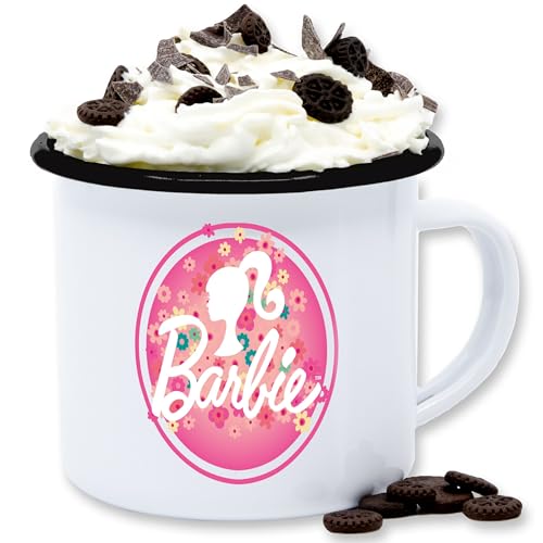 Emaille Tasse Blechtasse - Barbie Logo Blumen - 300 ml - Weiß Schwarz von Shirtracer