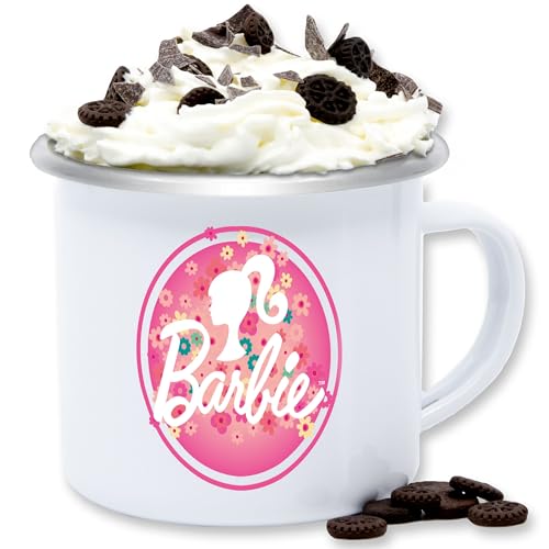 Emaille Tasse Blechtasse - Barbie Logo Blumen - 300 ml - Weiß Silber von Shirtracer