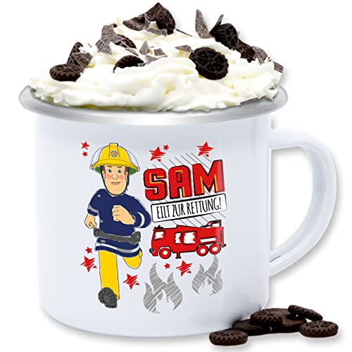 Emaille Tasse Blechtasse - Feuerwehrmann - Sam eilt zur Rettung - 300 ml - Weiß Silber - der feuermann feuwehrmann feuerwehr mann feuerwerhman feierwehrman feuwehrman feuerwhrmann fwuerwehrmann sa von Shirtracer