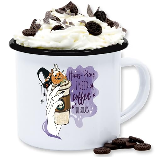 Emaille Tasse Blechtasse - Halloween Tassen - Hocus Pocus - I need Coffee to Focus - Kaffee Kürbis Zimt to-go - 300 ml - Weiß Schwarz - haloween outfits hellowee gruselig helloween gruselige von Shirtracer