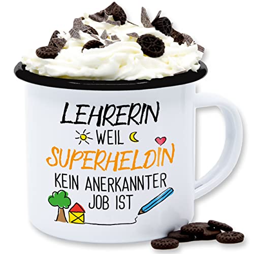 Emaille Tasse Blechtasse - Tassen - Lehrerin weil Superheldin kein anerkannter Job ist - 300 ml - Weiß Schwarz - lehrerinnen lehrerin, superheld teetasse klassenlehrerin lieblingslehrerin von Shirtracer