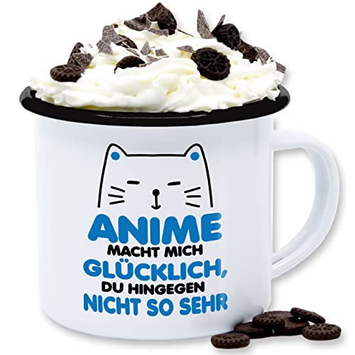 Emaille Tasse Blechtasse - Manga - Anime macht mich glücklich, du hingegen nicht so sehr - schwarz/blau - 300 ml - Weiß Schwarz - glücklich tassen kaffeetasse von Shirtracer