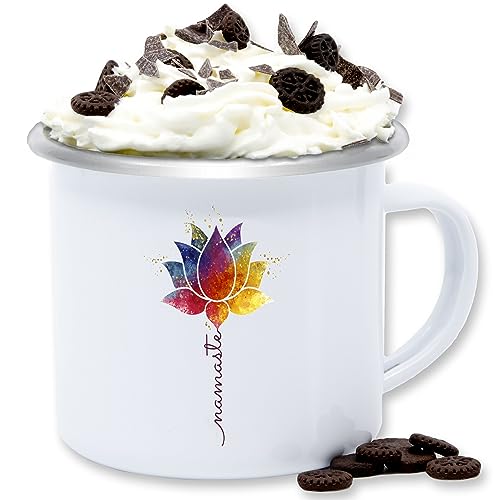 Emaille Tasse Blechtasse - Tassen - Namaste Lotusblüte Yoga Mandala Spirit Wellness Meditation - 300 ml - Weiß Silber - joga geschenke alles für fans von Shirtracer