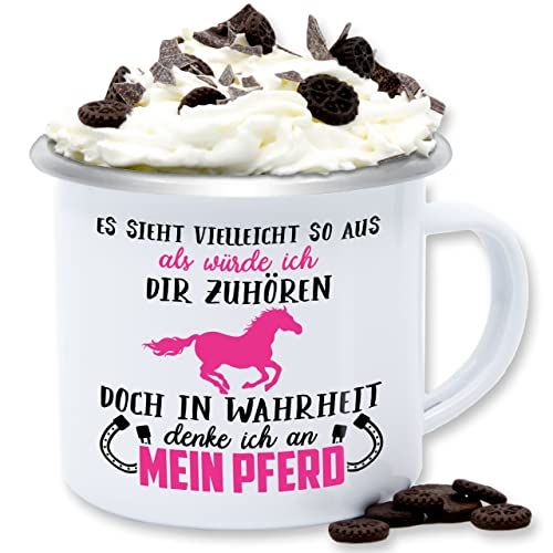 Emaille Tasse Blechtasse - Pferde Tassen - Es sieht vielleicht so aus als würde ich dir zuhören - Pferd - Fuchsia/Schwarz - 300 ml - Weiß Silber - reit sprüche reiten pferde-print von Shirtracer