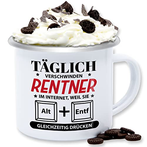 Emaille Tasse Blechtasse - Rente Geschenk - Täglich verschwinden Rentner im Internet - 300 ml - Weiß Silber - renter pensionär pensionisten pensionierung ruhestandsgeschenke rentn rentne von Shirtracer