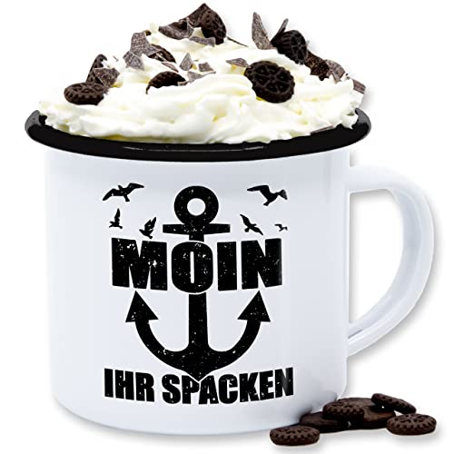 Emaille Tasse Blechtasse - Statement - Moin ihr Spacken mit Anker - schwarz - 300 ml - Weiß Schwarz - statements moinsen kaffeetasse frohes neues jahr spacke email new year blech von Shirtracer