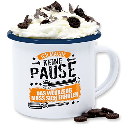 Emaille Tasse Blechtasse - Statement Sprüche - Ich mache keine Pause das Werkzeug muss sich erholen - Geschenk Handwerker Werkstatt Spruch Lustig Schrauber Techniker Bauarbeiter - 300 ml - Weiß Blau von Shirtracer