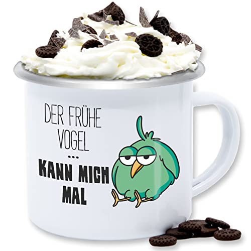 Emaille Tasse Blechtasse - Statement Sprüche - Der frühe Vogel kann mich mal - 300 ml - Weiß Silber - spruch fruehe kaffeetasse früher sprueche von statements sprüche, mit sarkasmus vögel von Shirtracer