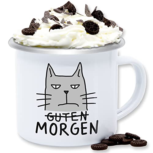 Emaille Tasse Blechtasse - Statement Sprüche - Guten Morgen Katze - 300 ml - Weiß Silber - sarkasmus cat spruch katzen spruechen grumpy sprüche, lustig sprueche mit von Shirtracer