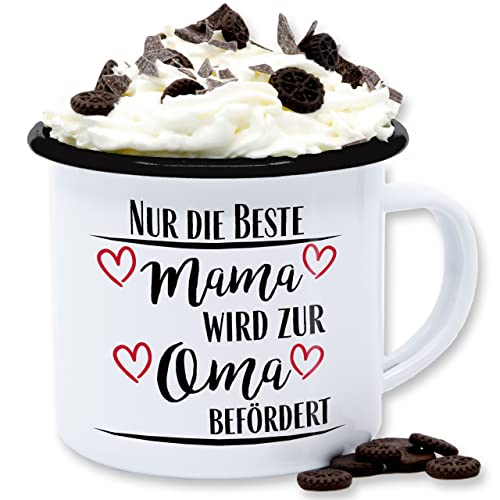 Emaille Tasse Blechtasse - Großmutter - Beste Mama wird zur Oma befördert - Schwangerschaft verkünden Omi - 300 ml - Weiß Schwarz - für omas mama/oma becher omilein großeltern werden tassen von Shirtracer