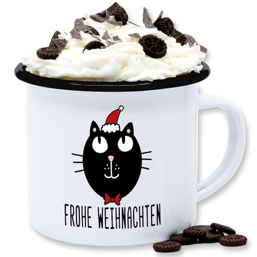 Emaille Tasse Blechtasse - Weihnachtstasse - Frohe Weihnachten Katze - 300 ml - Weiß Schwarz - weihnachtstassen christmas katzen glühwein weihnachtsmotiv weihnachts weihnachtsmotiven von Shirtracer