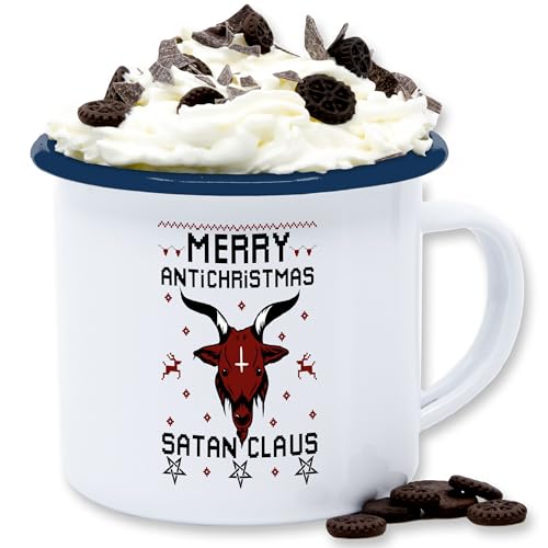 Emaille Tasse Blechtasse - Weihnachtstasse Weihnachten - Merry Antichristmas Satan Claus - 300 ml - Weiß Blau - weihnachtliches weinachst chrismas weihnachtlich x-mas weihnachts geschenk x mas von Shirtracer