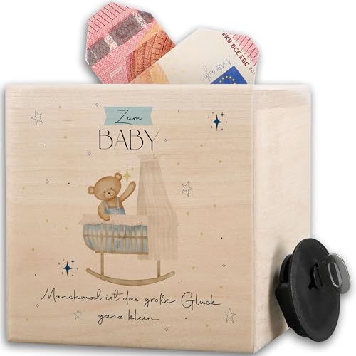 Holz Spardose Bär zum Baby I Spardose zur Geburt Holz I Spardose Holz zur Geburt personalisiert I Holz Spardose Geburt Junge I Geschenk zur Geburt I Baby Geburt Geschenk - 10x10cm - Holz von Shirtracer