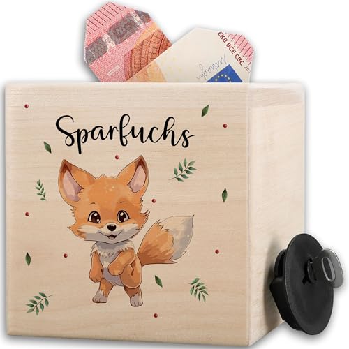 Holzspardose süßer Sparfuchs Geschenk Fuchs Spardose Kinder Holz I Fuchs Sparbüchse Taschengeld Kinder Geld Sparen Geschenk I Taschengeldkasse - 10x10cm - Holz von Shirtracer