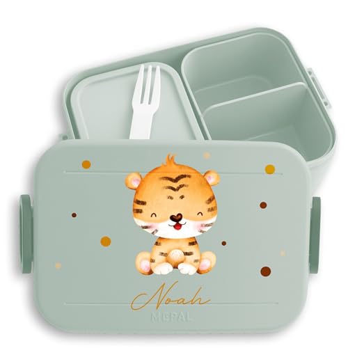 Kinder Bento Box Midi Lunchbox für Mepal Bentobox personalisiert - Tiger mit Namen - 900 ml - Sage Grün - brotdose zootiere jausenbox personalisierte essen von Shirtracer