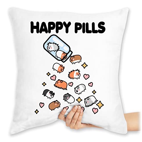 Shirtracer Kissen 40x40 Zierkissen - Statement - Happy Pills - Meerschweinchen Mrerschwein - 40 x 40 cm - Weiß - mit Spruch Statements Pill Pillow sprüche pillen tiermotiv Guinea Pig meerschwein von Shirtracer