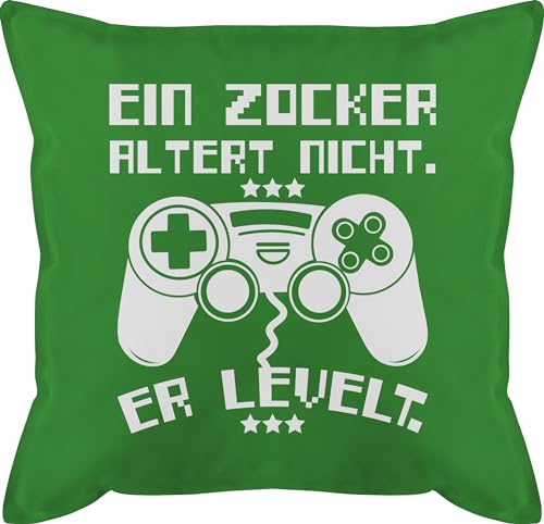 Shirtracer Kissen 50x50 - Statement mit Sprüchen - EIN Zocker altert Nicht - er levelt weiß - 50 x 50 cm - Grün - Gamer altern sie leveln Kissenbezug Spruch sprüche Game kissenbezüge und fuellung von Shirtracer
