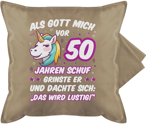 Kissenbezug - 50. Geburtstag Kissen - Als Gott mich vor 50 Jahren schuf grinste er - Einhorn Einhornkopf - 50 x 50 cm - Beige - 50er 50.geburtstag 50ziger 50iger jahre 50zigsten geschenke 1974 von Shirtracer