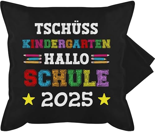 Kissenbezug - Kissen - Tschüss Kindergarten Hallo Schule 2025 - Kita Schule - Kindergarten Abgänger - Abschied Kita Abschluss - 50 x 50 cm - Schwarz - abschlussferien geschenk von eltern für kind von Shirtracer