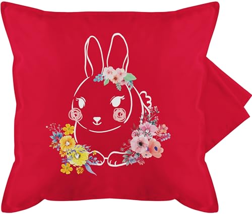 Kissenbezug - Osterkissen - Hase mit Blumen Weiße Linien - 50 x 50 cm - Rot - hasenkissen ostern ostergeschenke kleinigkeit kissenhülle+ostern osterüberraschung easter osterngeschenke osterhasen von Shirtracer