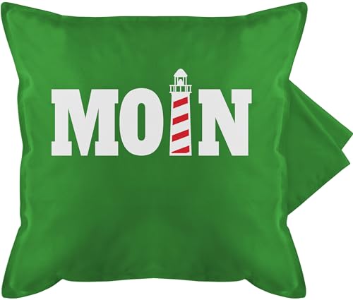 Kissenbezug - Statement - Moin mit Leuchtturm I - 50 x 50 cm - Grün - muschelkissen statement-kissen statements hamburg baumwollkissen maritime kissenbezüge sprüche nordsee bezug kissen moin,moin von Shirtracer