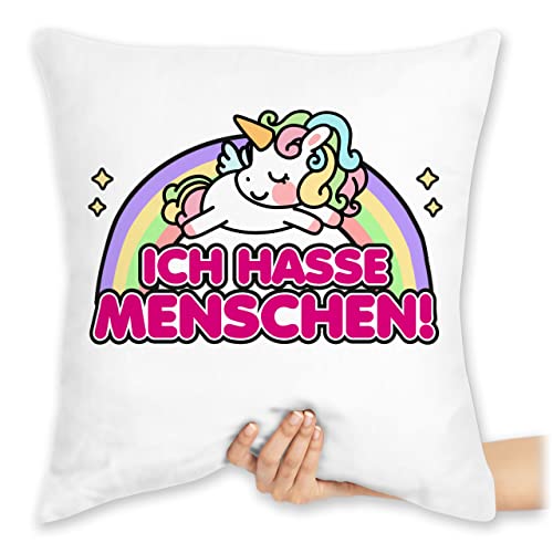 Shirtracer Kissen 40x40 Zierkissen - Statement mit Sprüchen - Ich Hasse Menschen - Einhorn - 40 x 40 cm - Weiß - Spruch sprüche i hat People spruechen lustige von Shirtracer