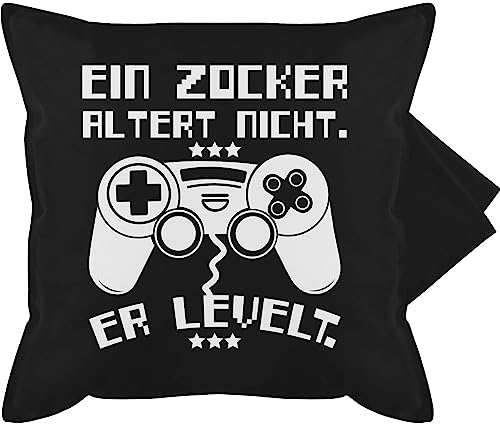 Kissenbezug - Statement Kissen mit Sprüchen - Ein Zocker altert nicht - er levelt weiß - 50 x 50 cm - Schwarz - zockerkissen bedruckte+kissen+mit+spruch spruch game kuschelkissen gamerkissen von Shirtracer