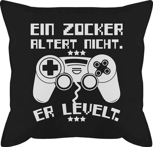 Kissen 50x50 - Statement mit Sprüchen - EIN Zocker altert Nicht - er levelt weiß - 50 x 50 cm - Schwarz - Gamer altern sie leveln Spruch Game kissenbezüge und fuellung sprüche Gaming von Shirtracer