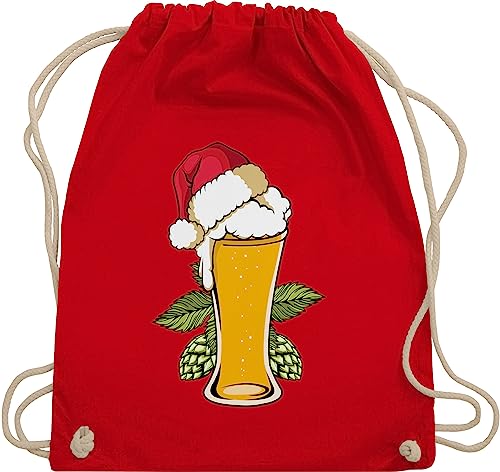 Turnbeutel Rucksack - Weihnachten Geschenke Christmas Bekleidung - Bierglas mit Weihnachtsmütze - Unisize - Rot - xmas weinachten x mas weihnachtskleinigkeit weihnchtsgeschenke weinachtsgeschenk von Shirtracer