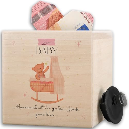 Spardose Holz Bär zur Geburt I Spardose zum Baby Holz I Holz Spardose zur Geburt personalisiert I Spardose Holz Geburt Mädchen I Geschenk zur Geburt I Baby Geburt Geschenk - 10x10cm - Holz von Shirtracer